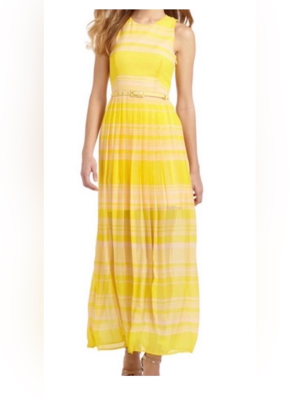 French connection Yellow Striped Maxi dress Lightweight Pleated with a belt
